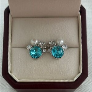 Blue Gem & Pearl Earrings | Sterling Silver Posts | Christmas Gift for Her